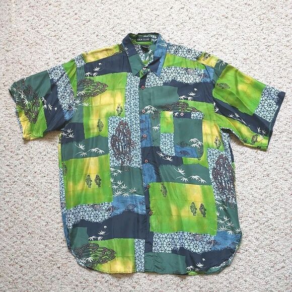 VTG 100%Silk Club Hawaiian Shirt Mens M Blue Green Floral Fish Patchwork Novelty - Picture 1 of 9